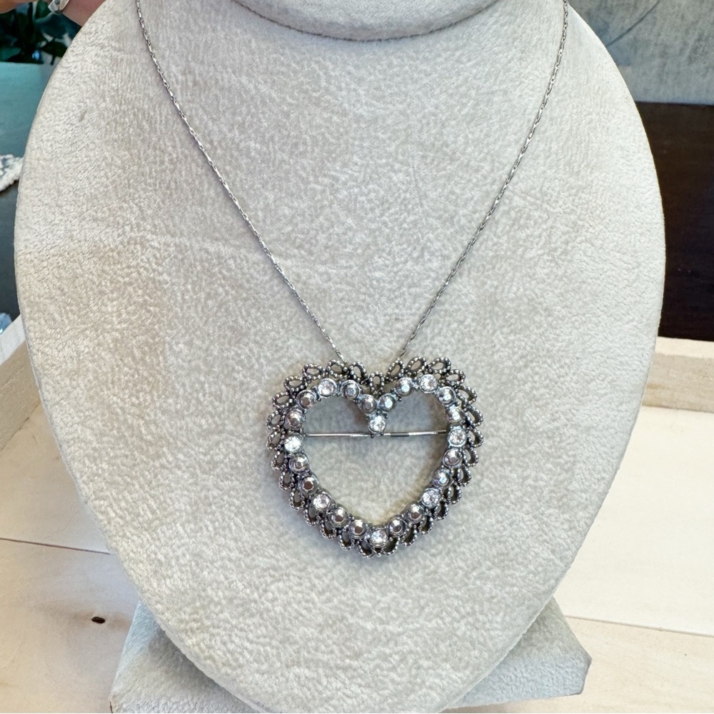 18K RPG Necklace and Silver Tone Rhinestone Heart Pendant Brooch Vintage